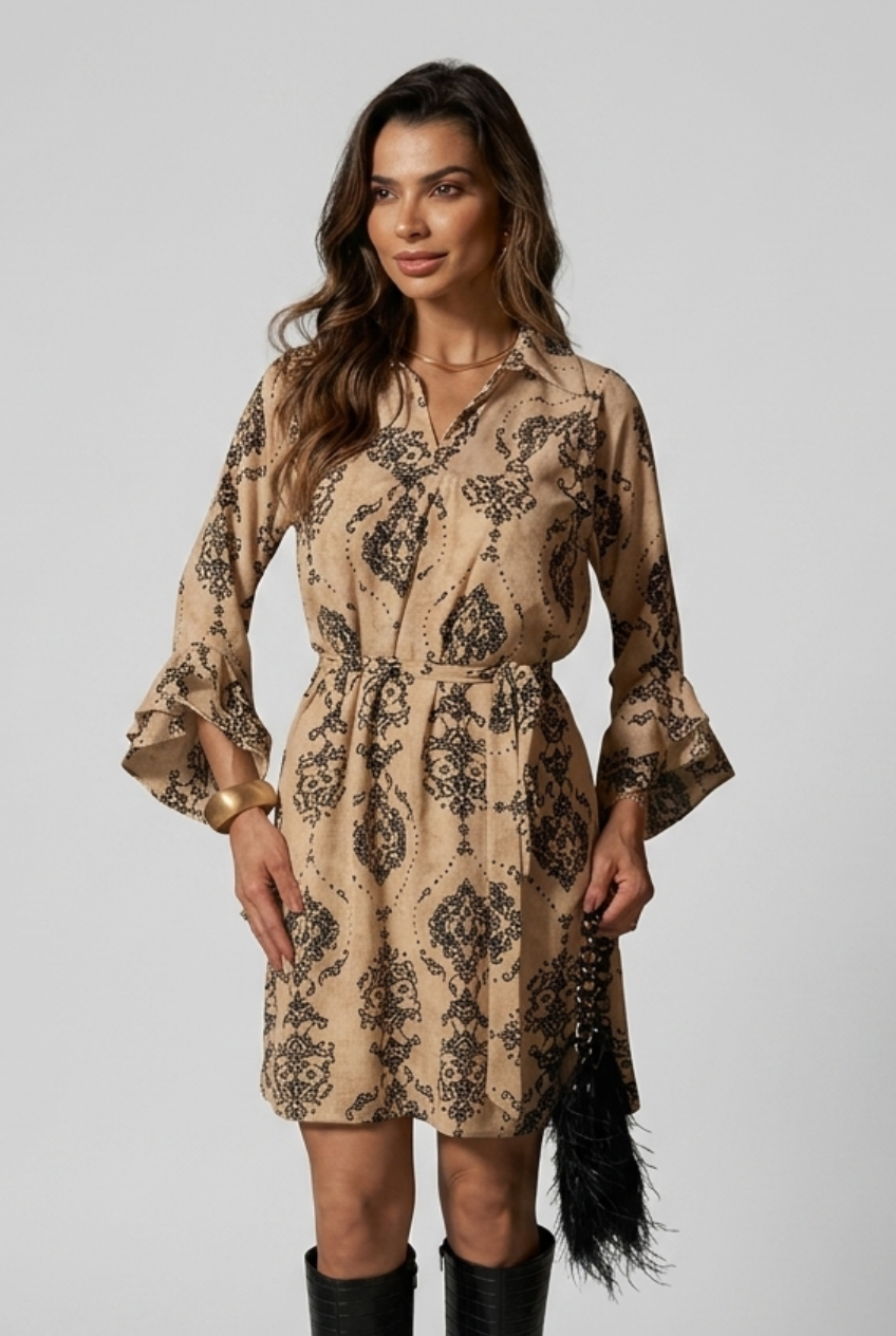 VESTIDO FLORAL COM FAIXA NA CINTURA