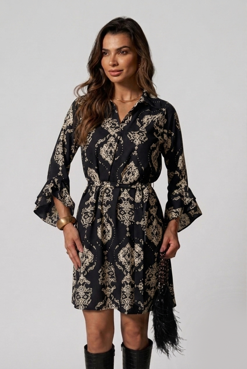 VESTIDO FLORAL COM FAIXA NA CINTURA